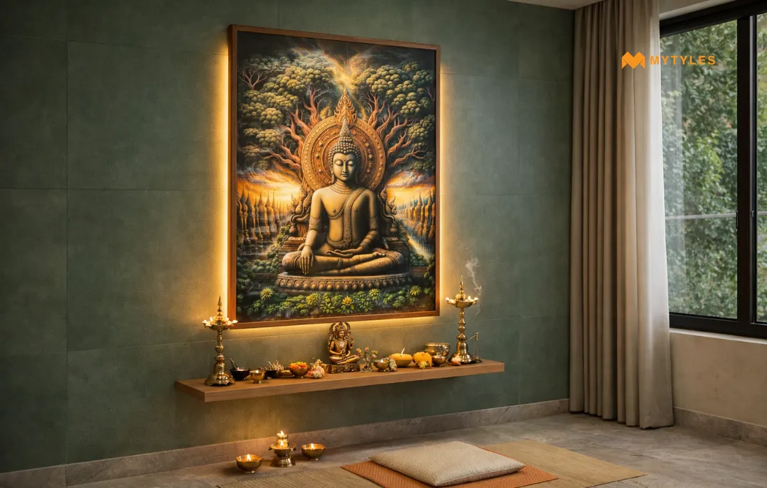 Buddha Poster Tile in Pooja Room
